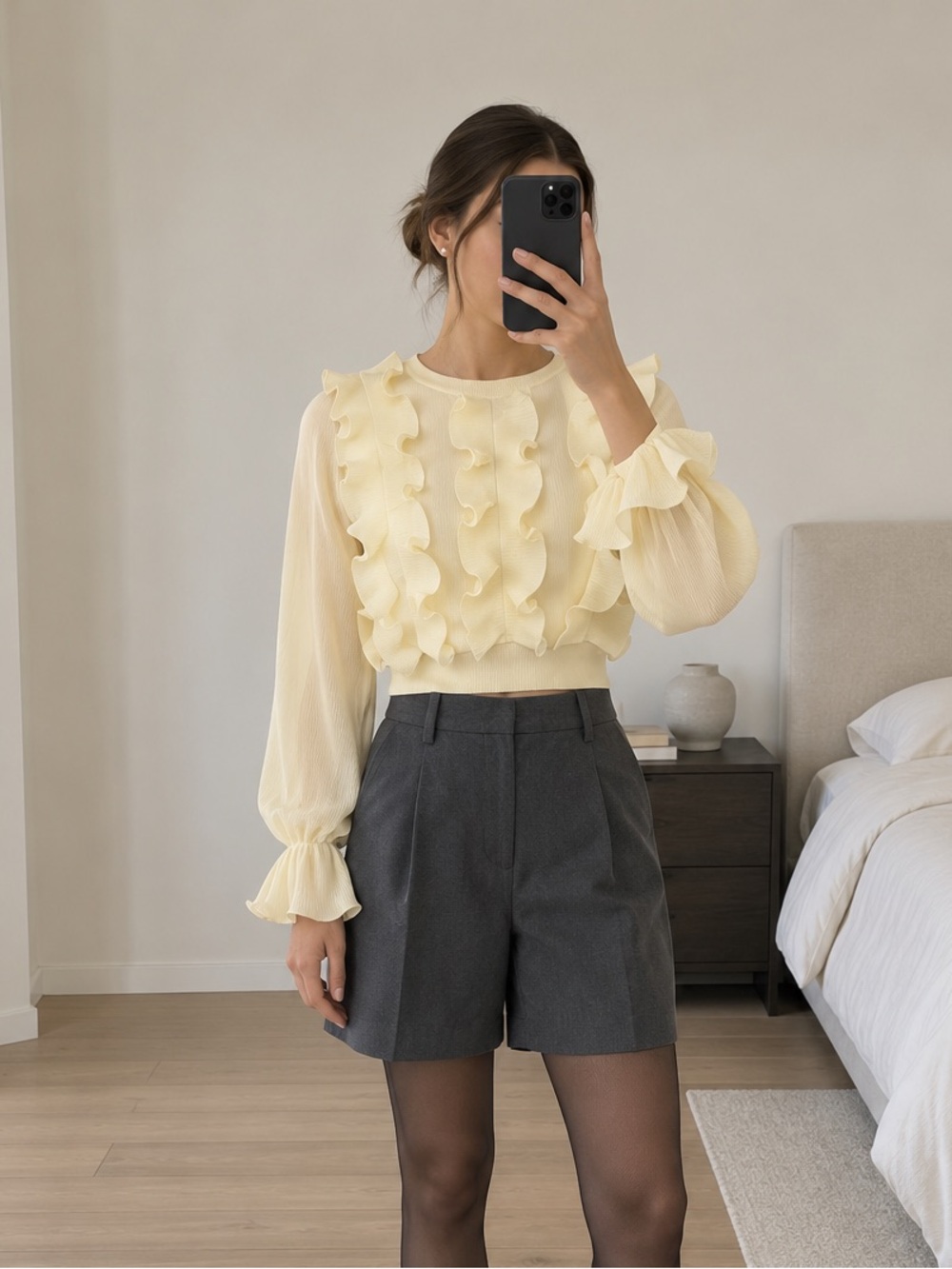 Zara Light Yellow Ruffle Knit Cropped Long Sleeve Top Size XS